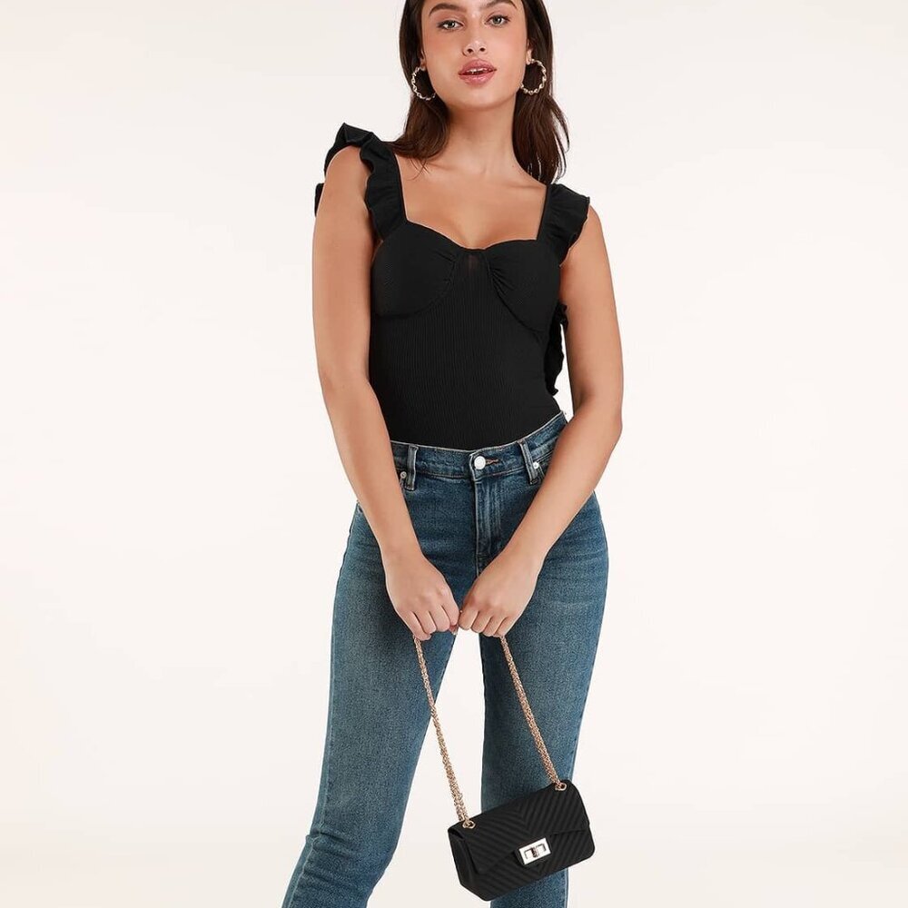 Lulus Carlyle Black Ribbed Ruffled Backless Bustier Bodysuit